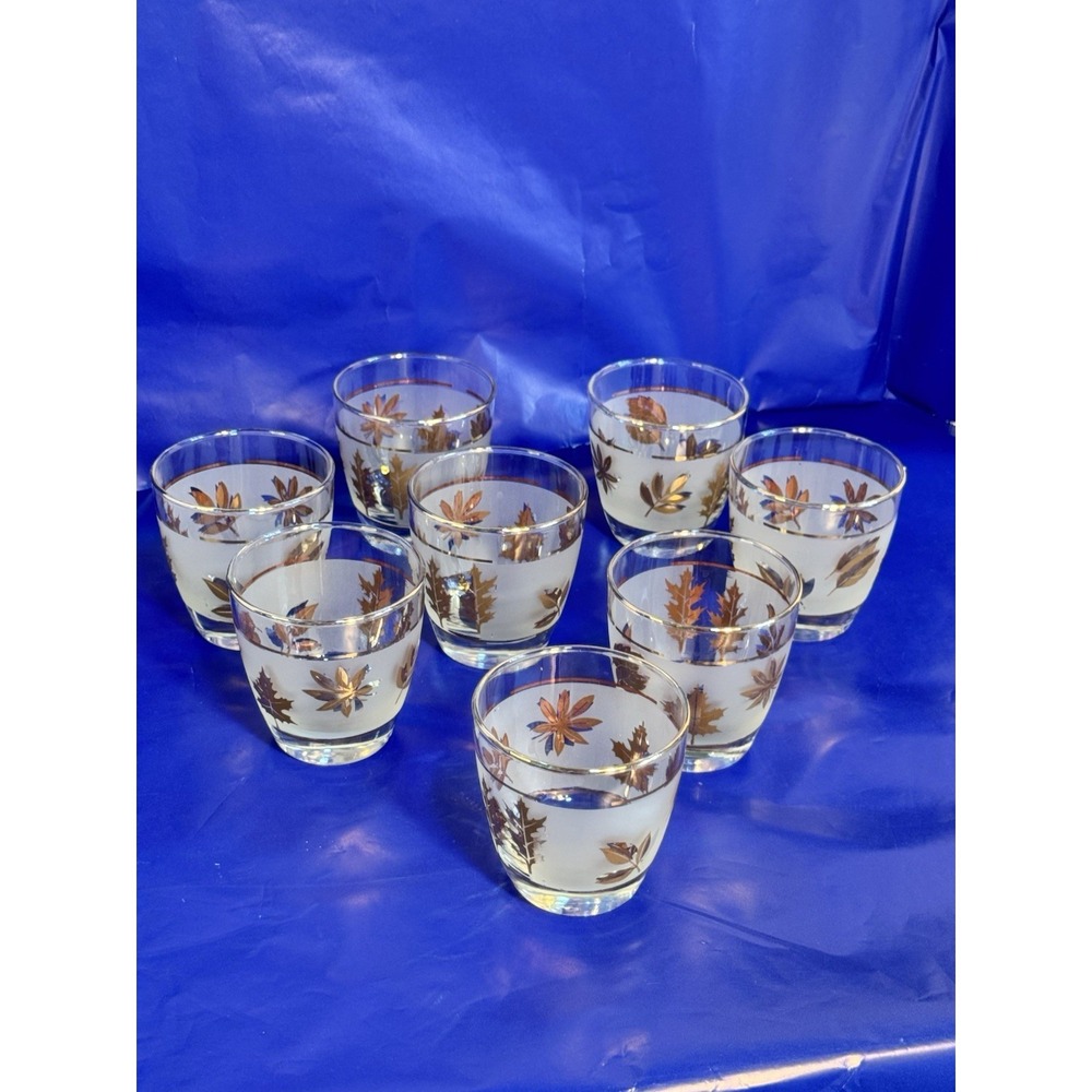 Set of 8 Libbey Golden Foliage Lowball Glasses Gold Rim Frosted 3" 1953-1978